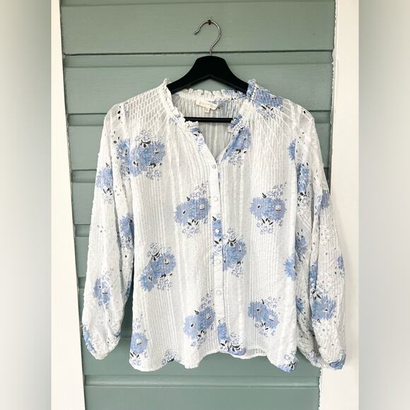 LoveShackFancy Spectra Floral Button down eyelet blouse white cotton blue floral - Picture 5 of 14